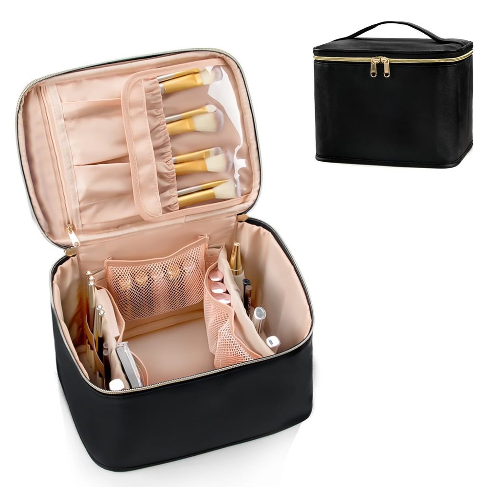 Large Makeup Bag For Women - Travel Cosmetic Organizer With Brush Holder &😛